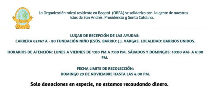 Organización Raizal de Bogotá dispuso un centro de acopio para ayudar a damnificados del huracán Iota