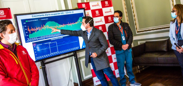 Foto del Secretario de Gobierno, Luis Ernesto Gómez mostrando una gráfica sobre crecimiento diario en las UCI por Covid-19 Estas serán las medidas en Bogotá para terminar de superar el segundo pico de la pandemia