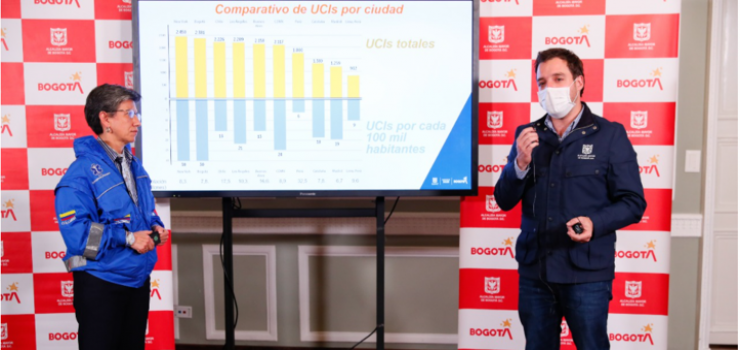 Foto alcaldesa de Bogotá Claudia López, junto al Secretario de Gobierno que esta hablando por micrófono Bogotá retoma restricción a la movilidad nocturna y cuarentena general el fin de semana para seguir atendiendo el segundo pico
