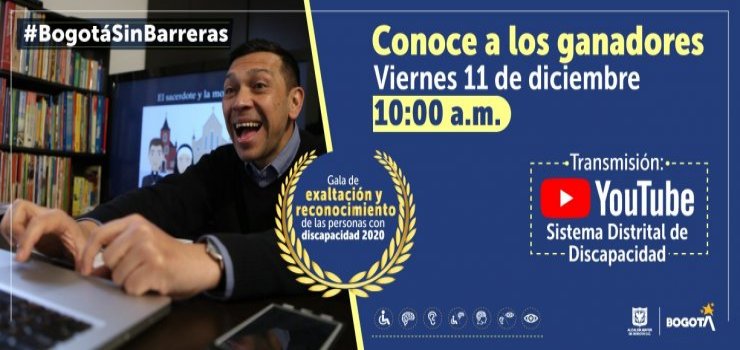 Foto de banner con persona sonriendo frente a un computador portátil Bogotá ya eligió las mejores iniciativas que trabajan por los derechos de las personas con discapacidad